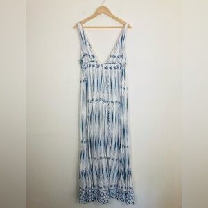 White with blue boho print HOMMAGE Los Angeles maxi dress. Size Medium.